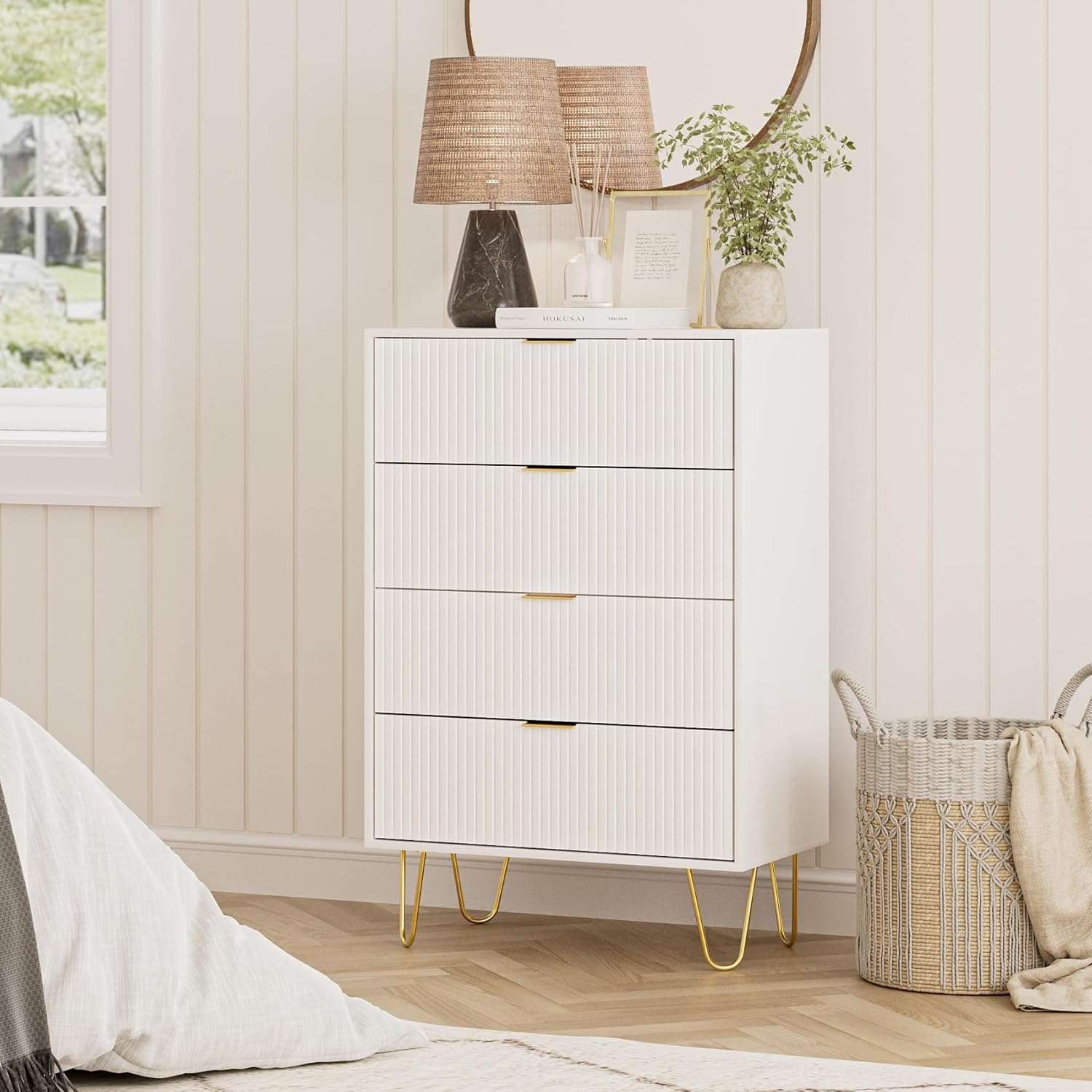 Masupu 4 Drawer Dresser, Drawer Chest, Tall Storage Chest Cabinet Organizer Unit with Metal Legs, Small Dresser for Bedroom, Living Room, Closet, Hallway White Stripe - Image 3