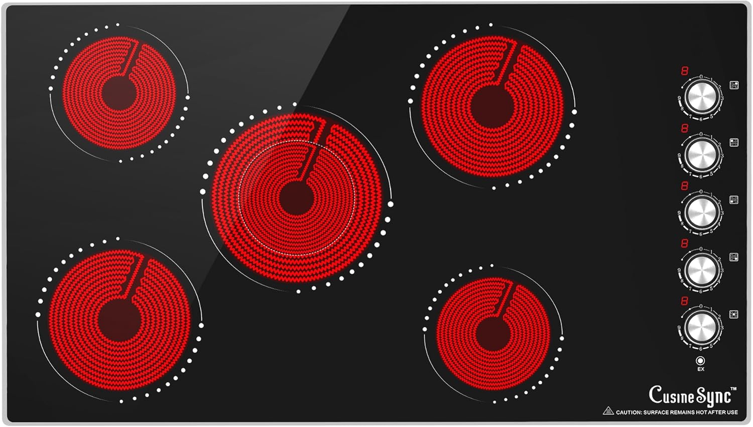 36 Inch Electric Cooktop, 5 Burner Ceramic Stove Top with 9 Power Levels, Knob Control, Auto shutdown and Residual Heat Warning, 8500W, 220-240V for Hard Wire