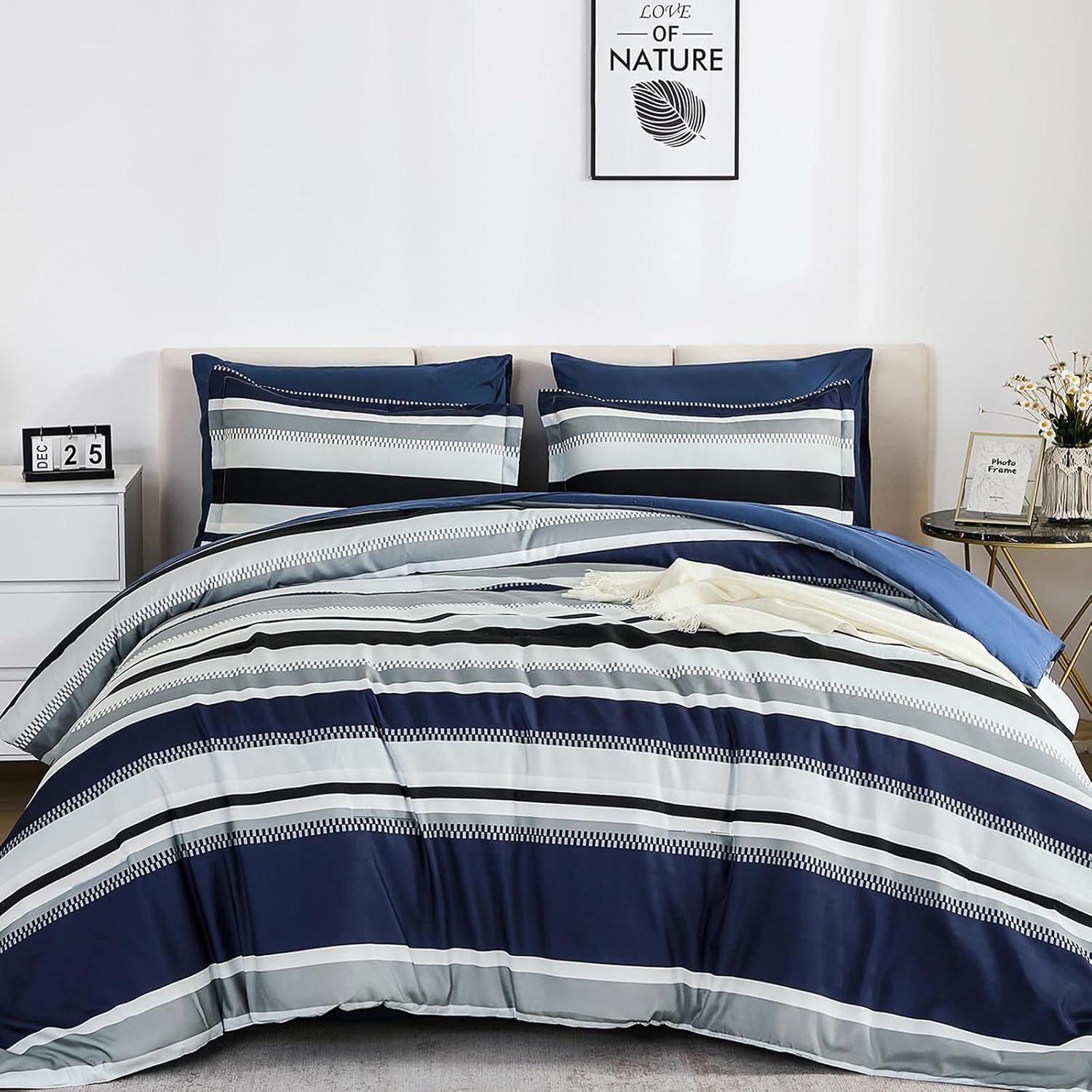WONGS BEDDING Queen Comforter Set, 7 Pieces Blue Comforter Set Queen, Soft Striped Bed in a Bag Bedding Set with Comforter, Flat Sheet, Fitted Sheet, Pillow Shams, Pillowcase - Image 2