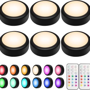 BLS LED Puck Lights with Remote Control, 13 Color Changing Under Cabinet Lighting Wireless, Push Battery Operated Night Light, Tap Battery Powered Stick on for Closet,Kitchen,Stairs,Step, Black 6 Pack