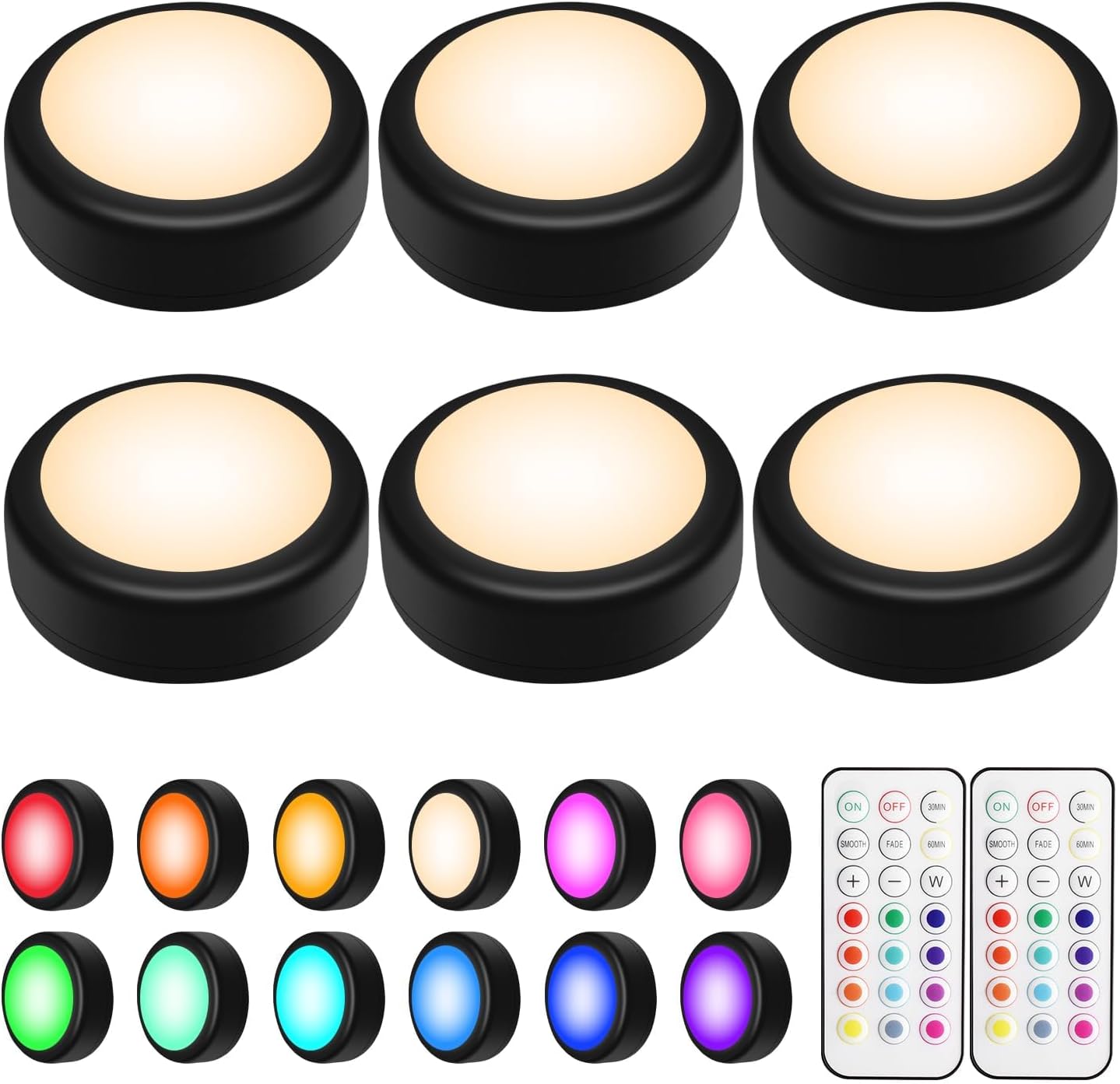 BLS LED Puck Lights with Remote Control, 13 Color Changing Under Cabinet Lighting Wireless, Push Battery Operated Night Light, Tap Battery Powered Stick on for Closet,Kitchen,Stairs,Step, Black 6 Pack
