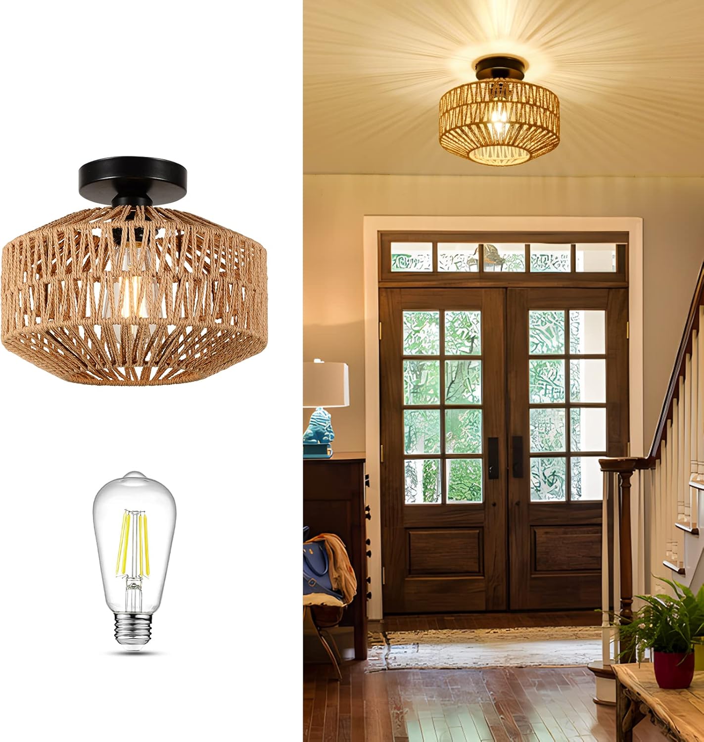 Boho Light Fixtures Ceiling Mount,Mini Rattan Chandelier Light Fixture with Dimmable LED Bulb,Hand Woven Ceiling Light Fixtures Flush Mount for Hallway Bedroom Kitchen Entryway Living Room - Image 2