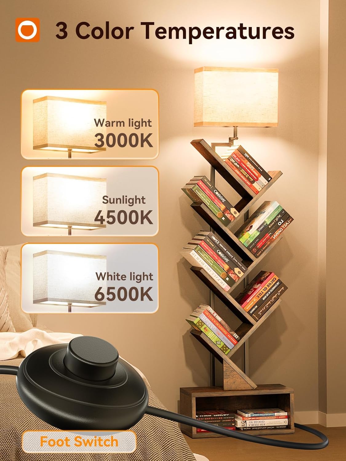 addlon 6-Tier Tree Book Shelf with LED Light, Steel&Wood Bookshelf with Storage Cabinet, Narrow Tall Bookcase with 3CCT Bulb, Small Bookshelf for Bedroom, Home Office&Living Room-Rustic Brown - Image 6