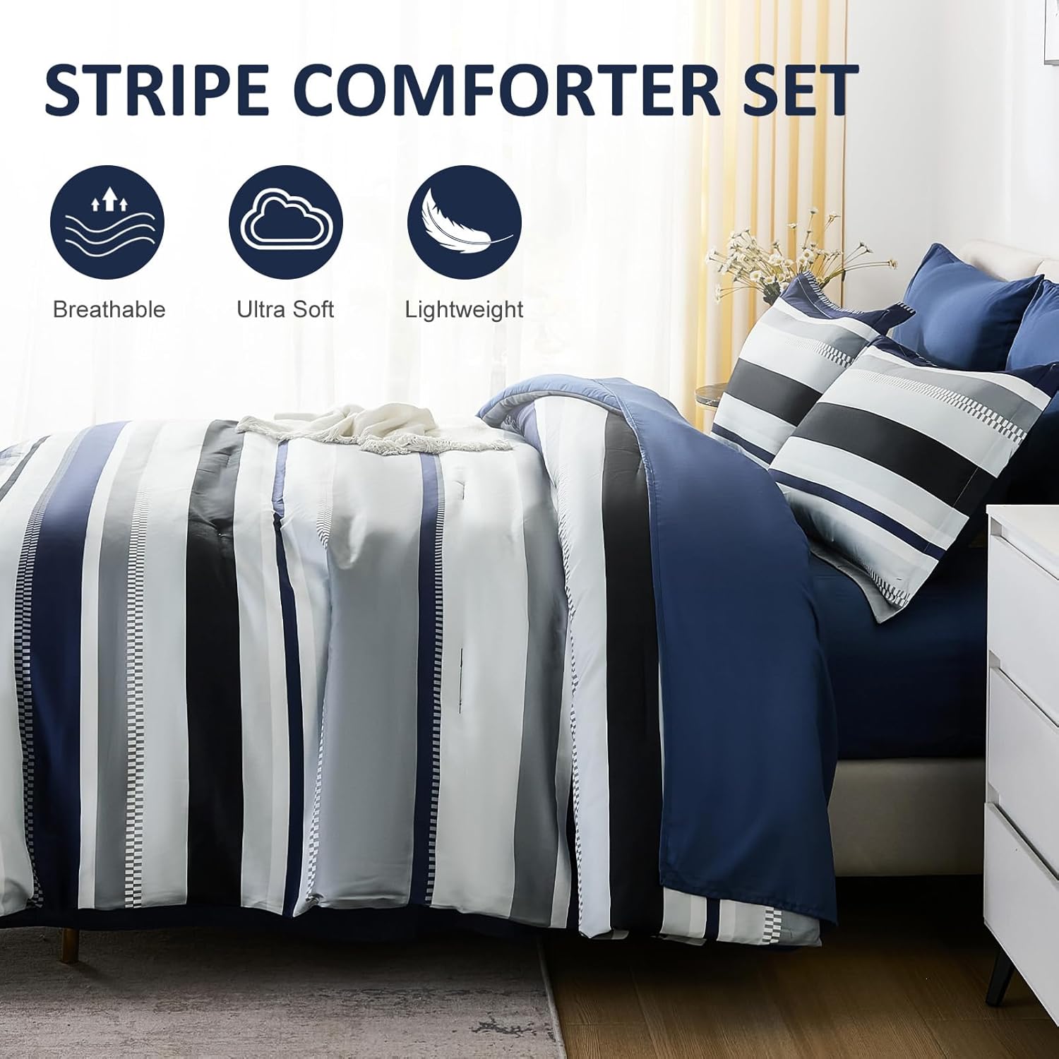 WONGS BEDDING Queen Comforter Set, 7 Pieces Blue Comforter Set Queen, Soft Striped Bed in a Bag Bedding Set with Comforter, Flat Sheet, Fitted Sheet, Pillow Shams, Pillowcase - Image 3