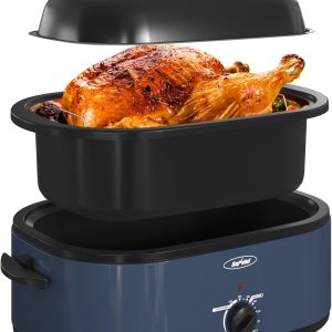 Sunvivi Roaster Oven, Electric Roaster Oven with Self-Basting Lid, 24lb 20-Quart Turkey Roasters with Unique Defrost/Warm Function, Large Roaster with Removable Pan & Rack, Stainless Steel, Blue