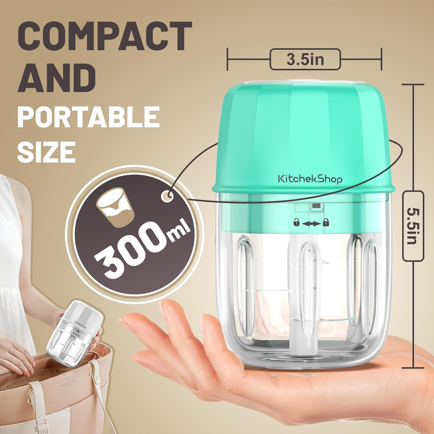 Rechargeable Portable and Cordless Mini Food Processor 300ML with Stainless Steel Blade, Electric Garlic Chopper Vegetable Chopper Blender for Nuts Chili Onion Minced Meat and Spices BPA-Free(Green) - Image 3