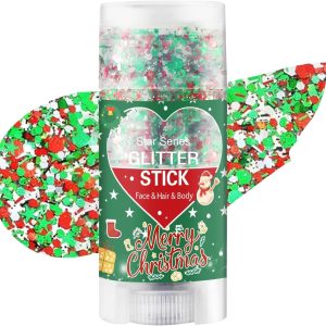 Christmas Body Glitter Stick, Red Green and White Face Glitter Accessories, Waterproof Face Hair Glitter Makeup, Christmas Glitter Makeup for Kids and Women