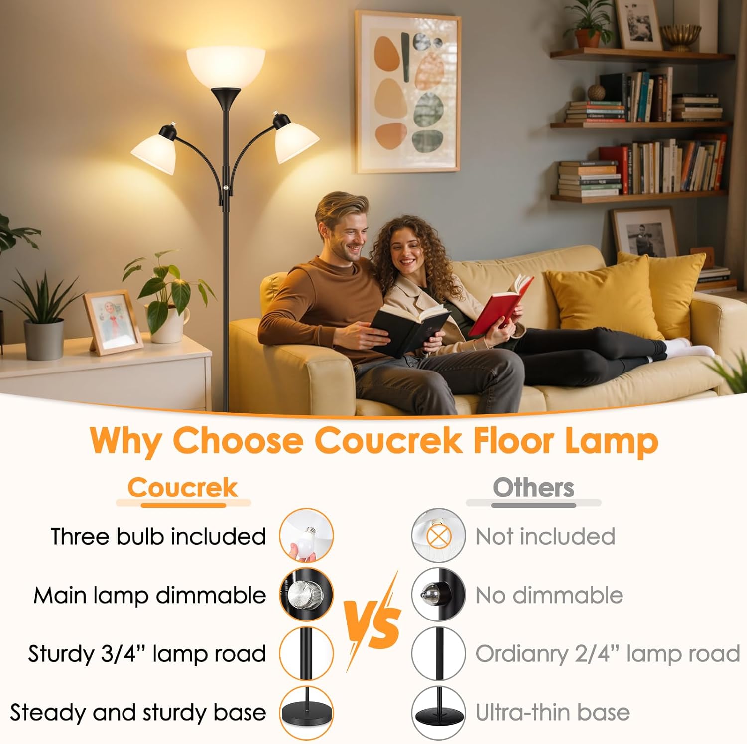 Floor Lamp for Living Room,72" Dimmable Torchiere Lamp with 2 Reading Lights for Bedroom, Black Tall Standing Room Lamp, 3 Bulbs Included - Image 4