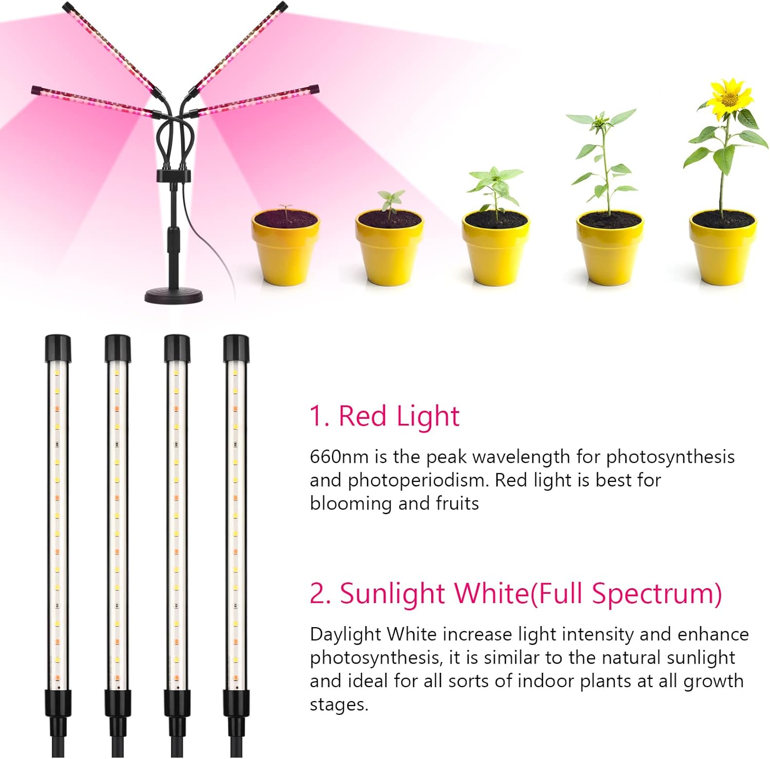Grow Lights for Indoor Plants, Four Head LED Grow Light with Full Spectrum, Red White Spectrum for Indoor Plant Lamp, Adjustable Gooseneck, Suitable for Vegetation - Image 2