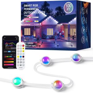 Permanent Outdoor Lights for House, 100FT RGB+IC Smart Eave Lights with DIY Color, IP67 Waterproof, App & Remote Control, 72 Scene Modes, Outdoor Roof Lighting for Christmas, Holiday & Daily Decor
