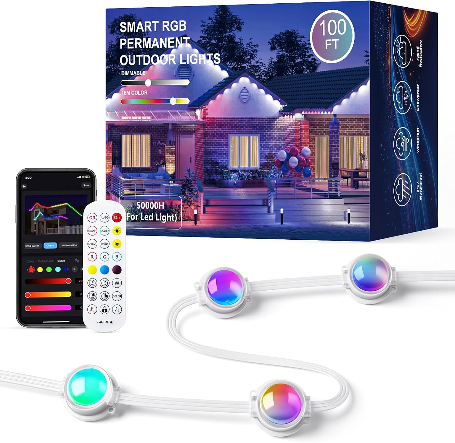 Permanent Outdoor Lights for House, 100FT RGB+IC Smart Eave Lights with DIY Color, IP67 Waterproof, App & Remote Control, 72 Scene Modes, Outdoor Roof Lighting for Christmas, Holiday & Daily Decor