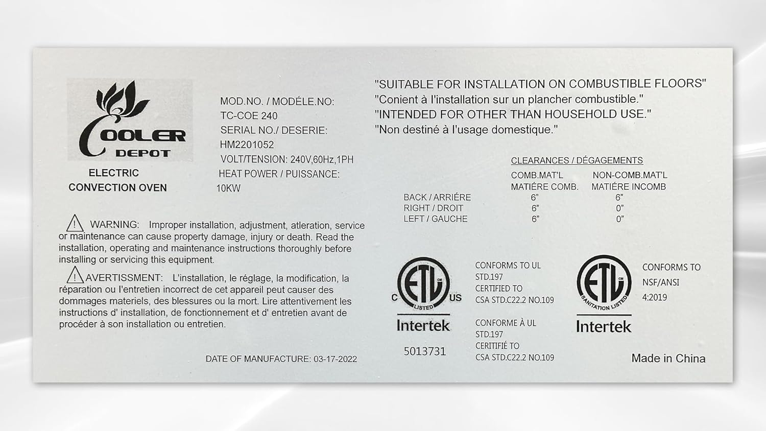 Commercial Convection Oven, 240V Single Phase, 10,000Watt, Single Deck, Four Legs, Restaurant Kitchen Bakery COE1 - Image 4