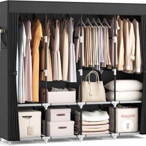 VTRIN Portable Closet for Hanging Clothes 67 Inch Wide Large Capacity Portable Wardrobe Closet with Cover, 4 Storage Shelves and 4 Hanging Rod Sturdy Free Standing Closet for Bedroom, Black