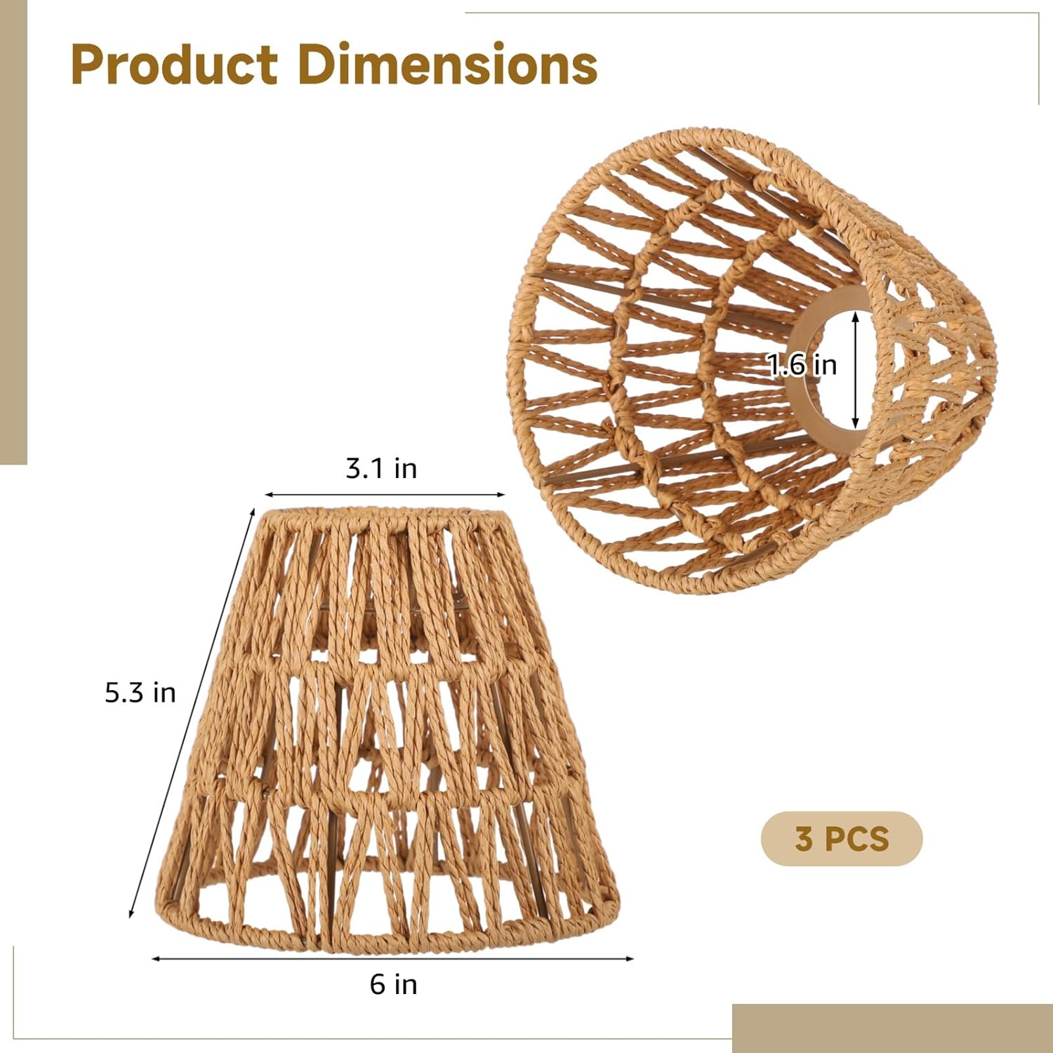 3 PCS E27 Rattan Lamp Shade,Bell Woven Wicker Lampshades Replacement,Paper Rope & Metal Frame,Bohemian Style Light Shade Replacement for Table Lamps,Pendant Lights,Wall Lights - Image 5