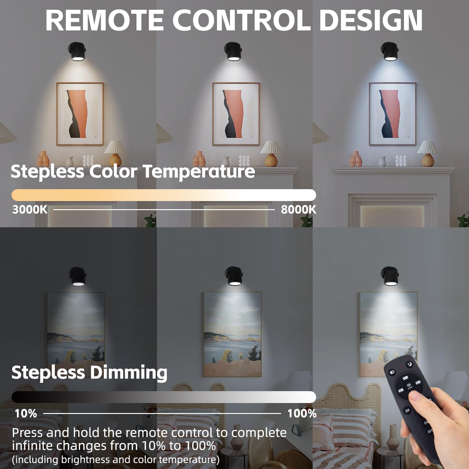 2 Pack 12W LED Spot Lights Indoor with Timer, Remote, Stepless Adjustable Color Temperature, Dimmable, 6000K Accent Up Lights Floor Can Light, Uplighting Spotlights for Indoor, Plant, Artwork - Image 3