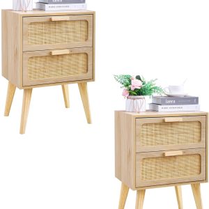 Rattan Nightstand Set of 2,Side Table with Hand Made Rattan Decorated Drawers,Boho Bedside Table,Wood Accent Table with Storage for Small Space,Livingroom, Bedroom, Natural CTG59Y-2