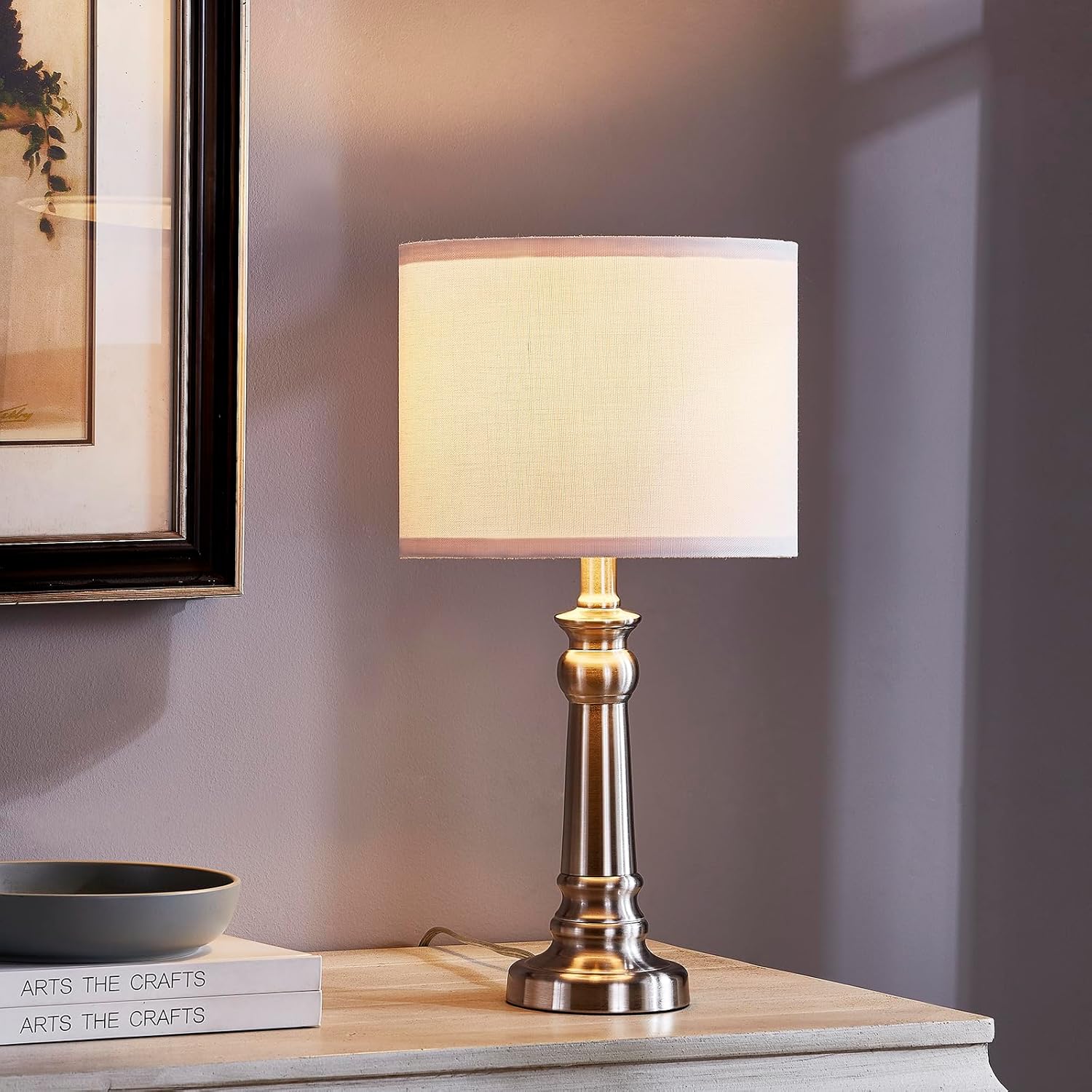 Table Lamps for Living Room, Modern Bedroom Lamps Set of 2 with Nickel Metal Base White Round Shades for Reading, Decor Silver Lamps for Night Stands, LED Bulbs Included - Image 5