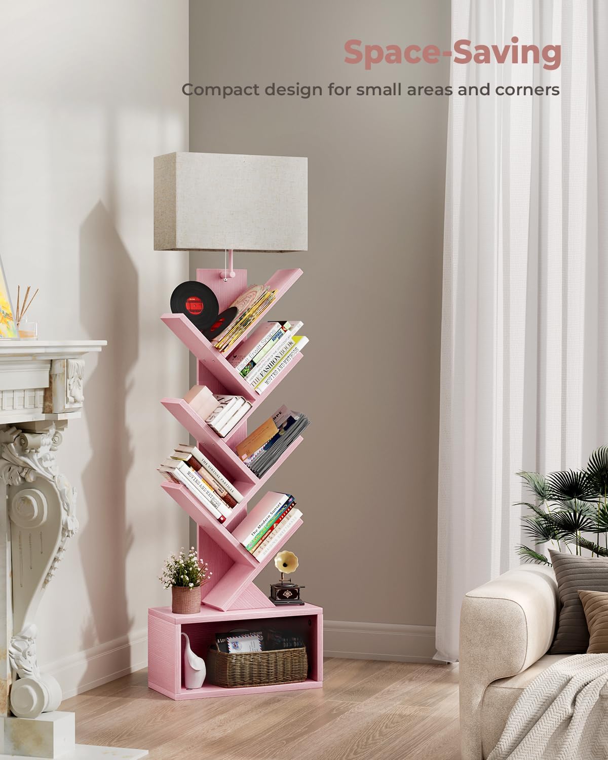 Evermagin 6 Tier Tree Bookshelf with Light, Narrow Bookcase Tower, Tall Floor Standing Book Shelf Organizer with Storage Cabinet for Living Room, Bedroom and Home Office, Pink - Image 7