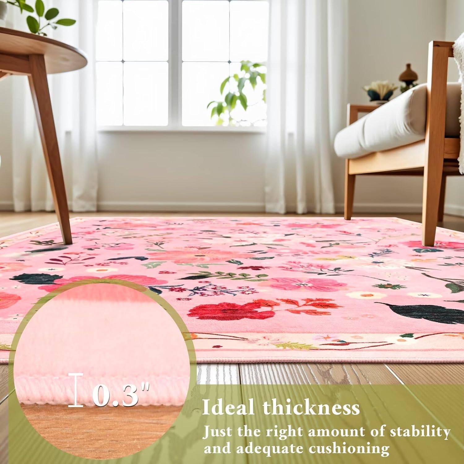 5x7 Pink Floral Rug for Living Room, Machine Washable Area Rugs with Non Slip Backingfor Girls Bedroom, Cute Flowers Carpet Kitchen Dining Room Kids Playroom Decor - Image 6