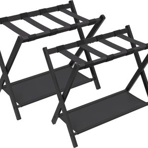 SONGMICS Luggage Racks for Guest Room, Set of 2, Suitcase Stand with Storage Shelf, Steel Frame, Foldable for Easy Storage, Hotel, Bedroom, Black URLR003B02