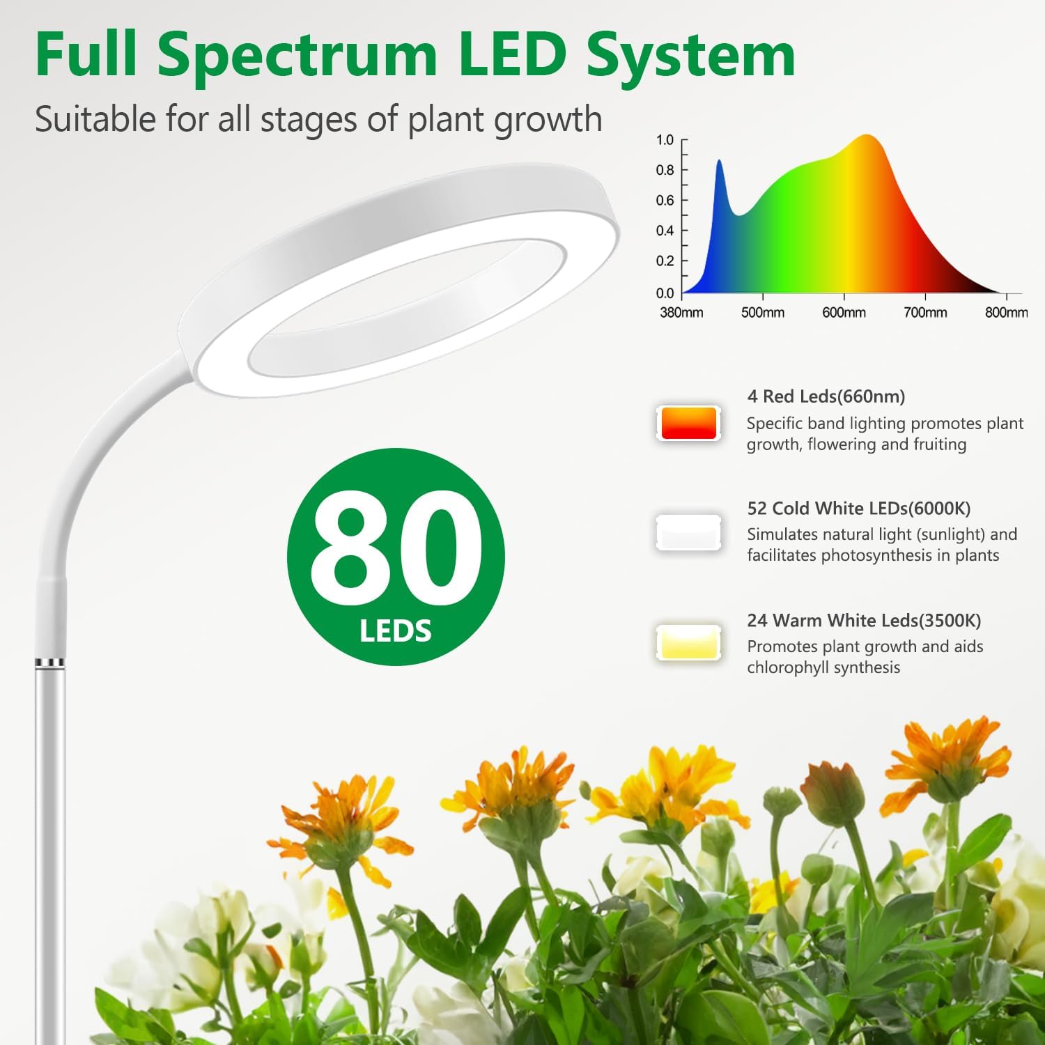 Floor Grow Lights for Indoor Plants, Full Spectrum Plant Light with 68" Stand for Growing Large Tall Plants, White Halo Grow Lamp with 6/12/16H Timer, 3 Light Modes, 5 Dimming - Image 3