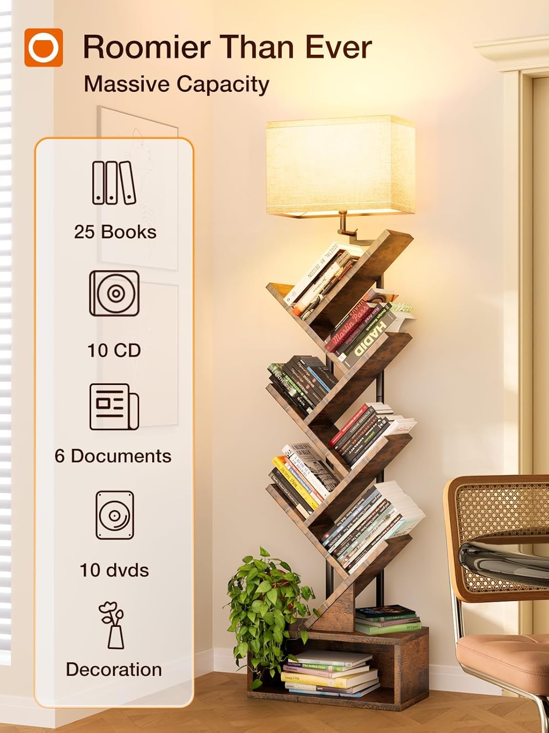 addlon 6-Tier Tree Book Shelf with LED Light, Steel&Wood Bookshelf with Storage Cabinet, Narrow Tall Bookcase with 3CCT Bulb, Small Bookshelf for Bedroom, Home Office&Living Room-Rustic Brown - Image 3