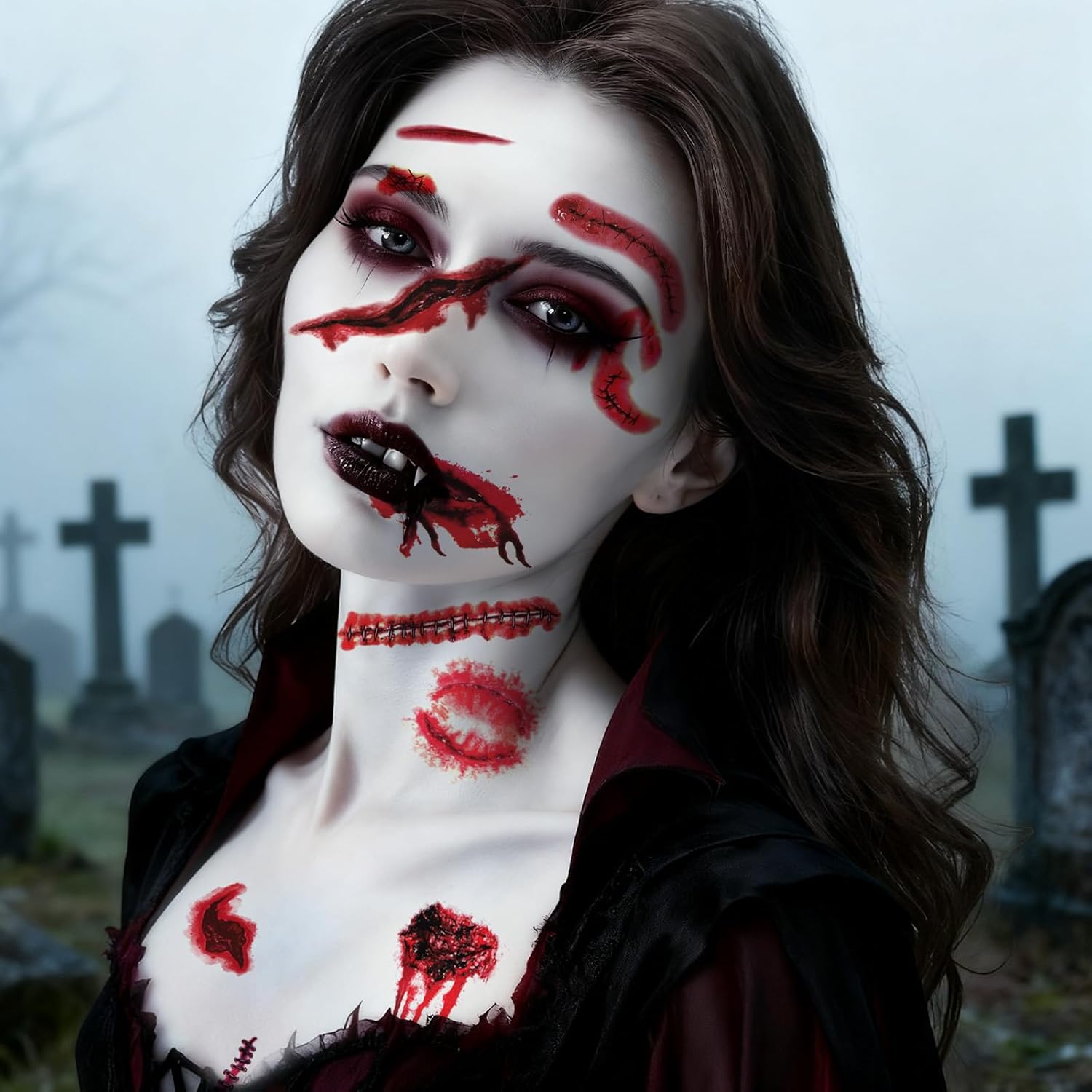 YGDZ Halloween Face Tattoos, Zombie Makeup Kit Fake Scars for Halloween Costume Makeup, Fake Wound Realistic Blood Cuts, Stitch Temporary Tattoos, Halloween Face Stickers for Kids, Adults - Image 6