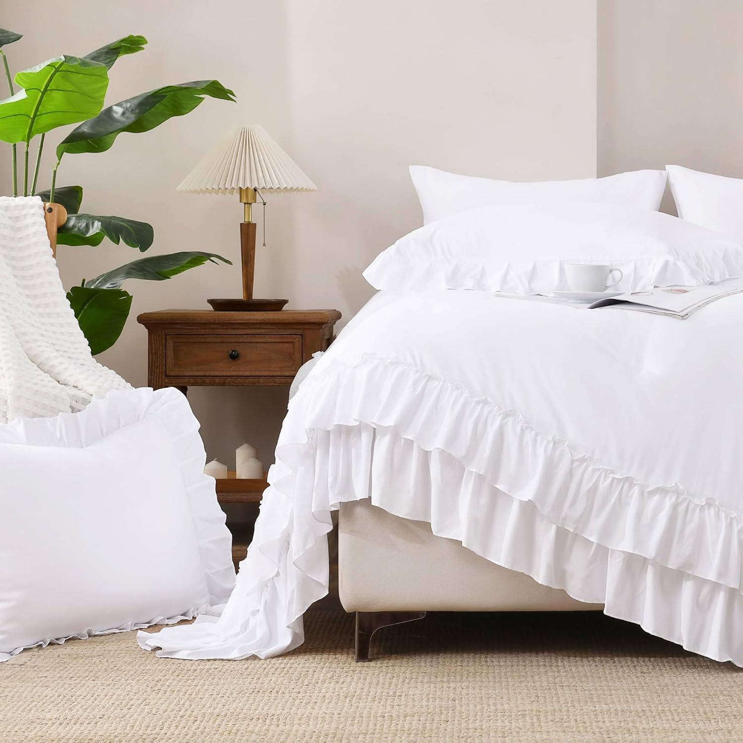 Andency White Ruffle Comforter Full Set, 3pcs Vintage Farmhouse Shabby Chic Bedding Comforter Set, Soft Lightweight Fluffy Bed Comforter Sets All Season Bedding Set - Image 6