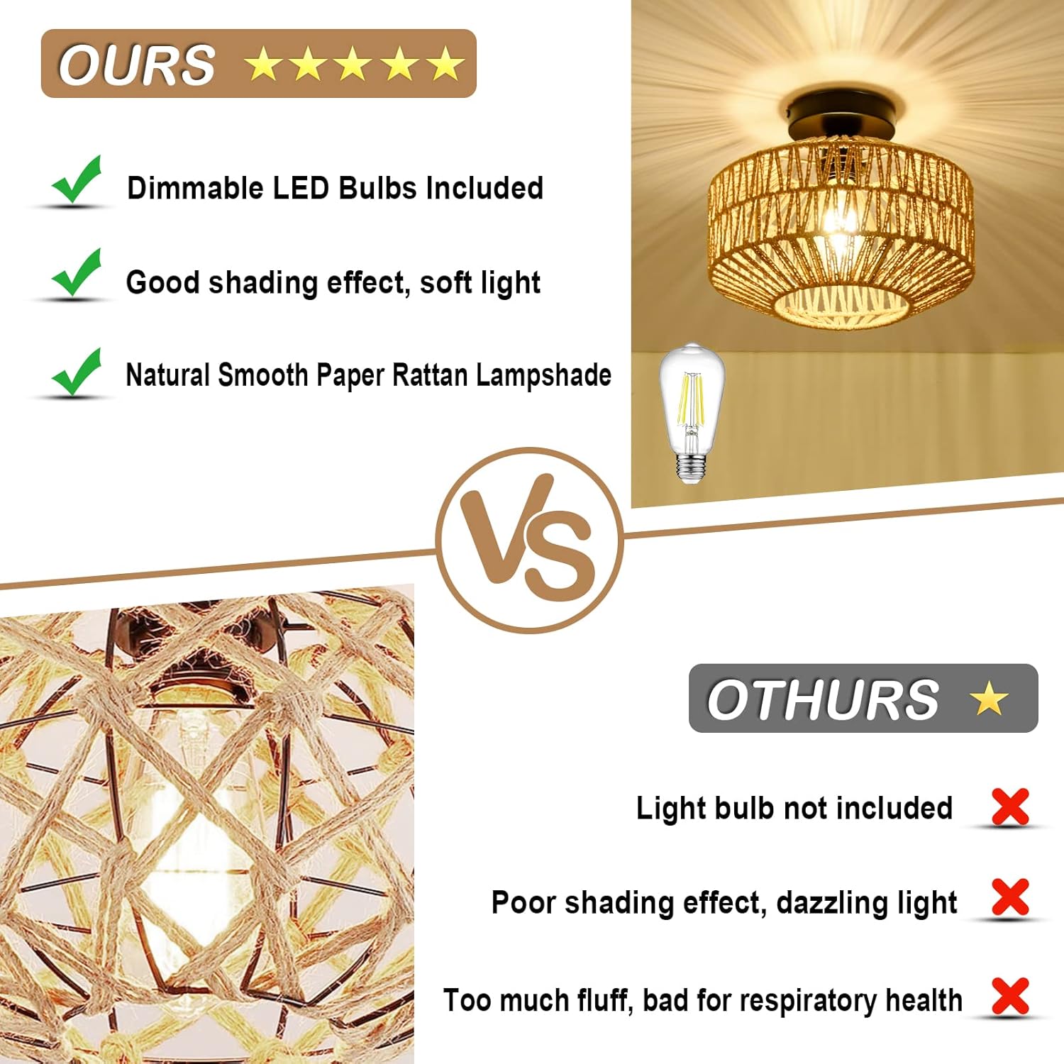 Boho Light Fixtures Ceiling Mount,Mini Rattan Chandelier Light Fixture with Dimmable LED Bulb,Hand Woven Ceiling Light Fixtures Flush Mount for Hallway Bedroom Kitchen Entryway Living Room - Image 9