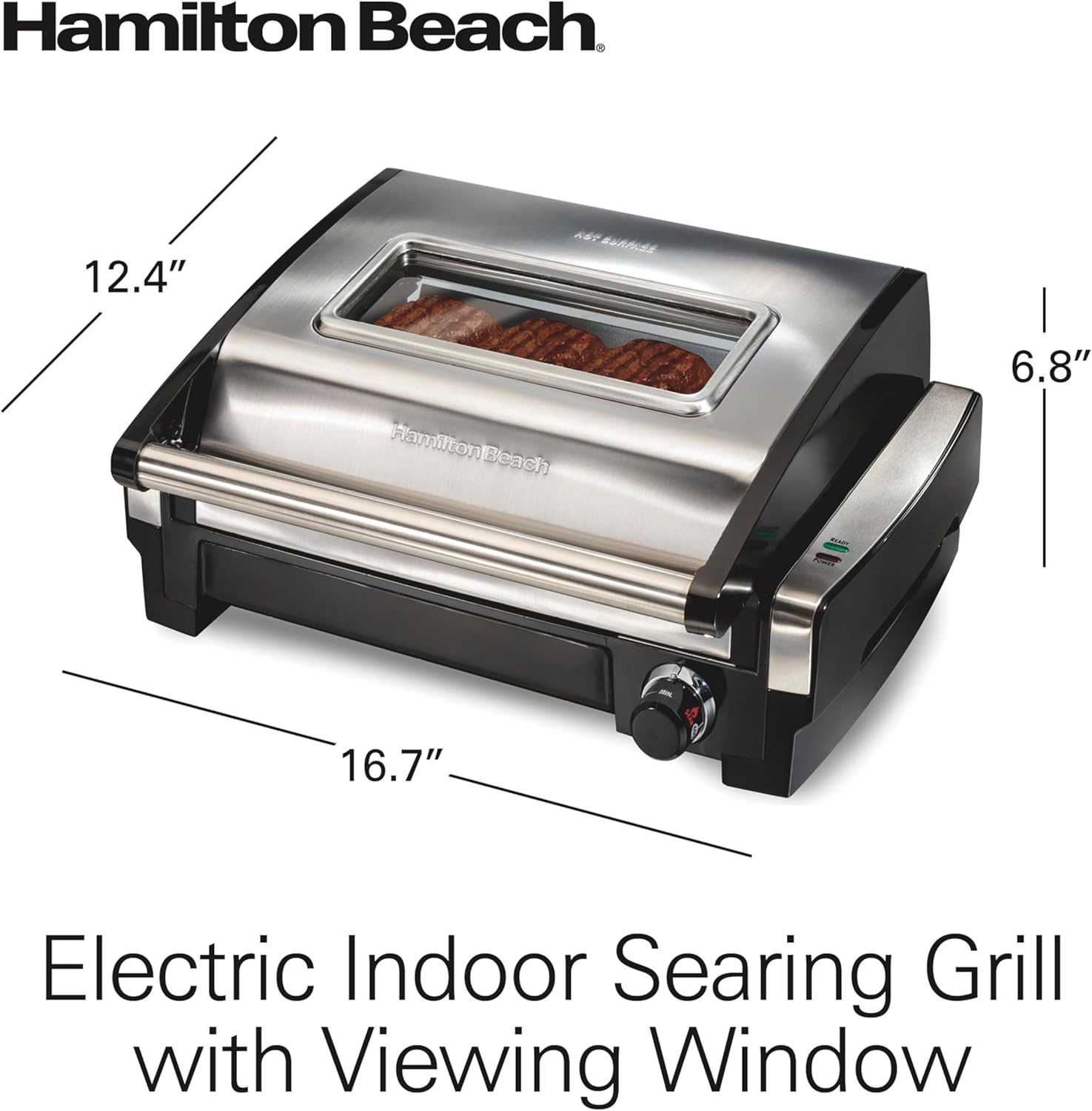 Hamilton Beach Electric Indoor Searing Grill with Viewing Window & Adjustable Temperature Control to 450F, 118 sq. in. Surface Serves 6, PFAS-Free Removable Nonstick Grate, Stainless Steel - Image 8