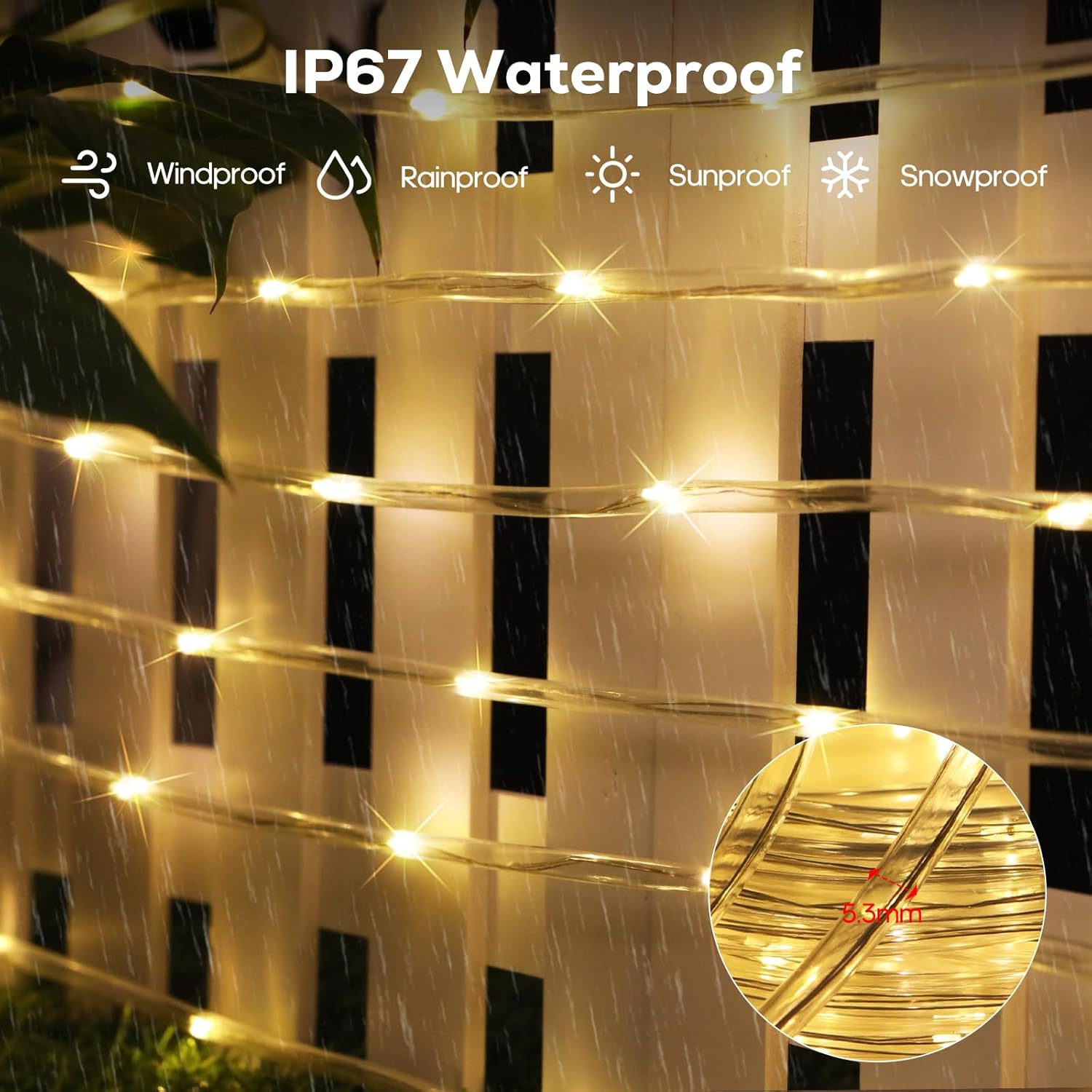 ICRGB Solar Rope Lights Outdoor, 66FT 200LED Christmas Fairy Light with Remote, IP67 Waterproof Solar String Lights, Timing & 8 Modes, Outdoor Light for Garden Patio Porch Pool, Warm White - Image 5