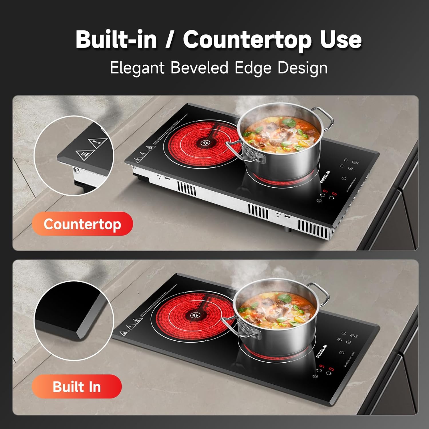 2 Burners Electric Cooktop, Portable Ceramic Cooktop with 9 Power Levels & Timer, 1800W 120V, Child Safety Lock, Built-in/Countertop Use, RV Camping, Safety Auto Shutoff, UL Certified Plug - Image 5