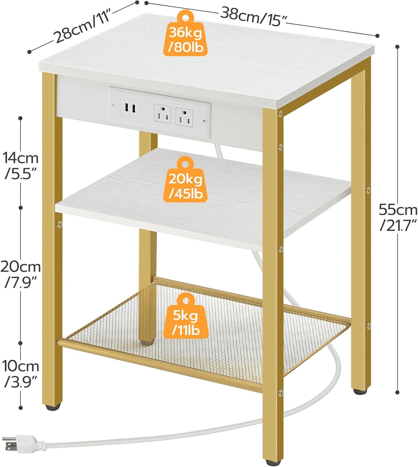 HOOBRO End Tables Set of 2 with Charging Station and USB Ports, 3-Tier Nightstands with Adjustable Shelves, Small Side Tables for Small Space in Living Room, Bedroom, White and Gold DW112BZP201G1 - Image 3