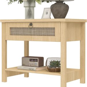 Large Nightstands with Charge Station, Modern Bedside Table with Drawer and Storage Shelf, Wood End Table Mid Century Night Stands for Bedroom Living Room Sofa Couch Office