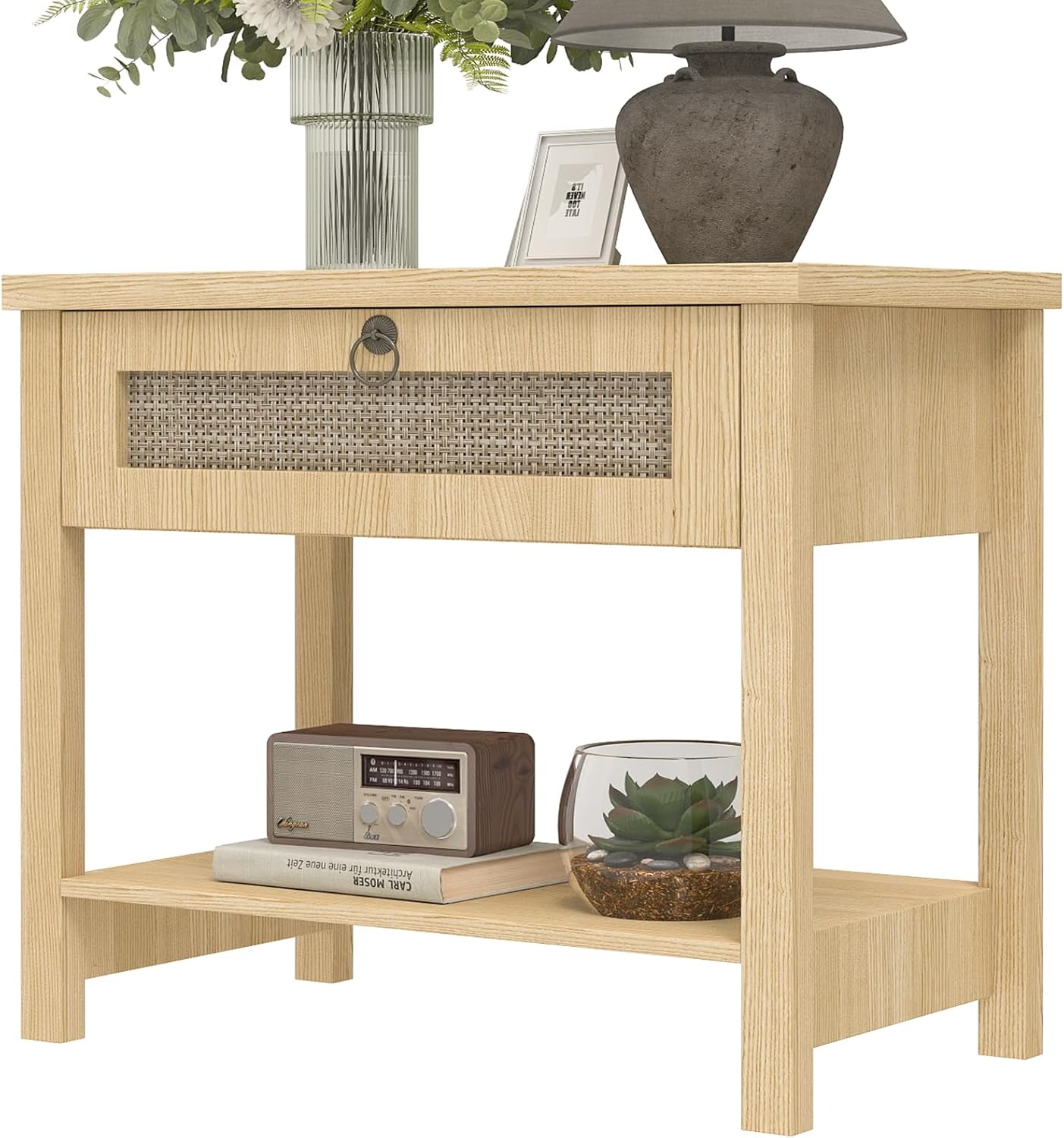 Large Nightstands with Charge Station, Modern Bedside Table with Drawer and Storage Shelf, Wood End Table Mid Century Night Stands for Bedroom Living Room Sofa Couch Office