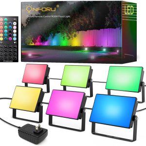 Onforu RGBW Flood Lights Outdoor Remote Control, Color Changing LED Landscape Lights, IP65 Waterproof Uplights for Events, Uplighting for Halloween Christmas Garden Yard Party, Wired 6 Pack 60W
