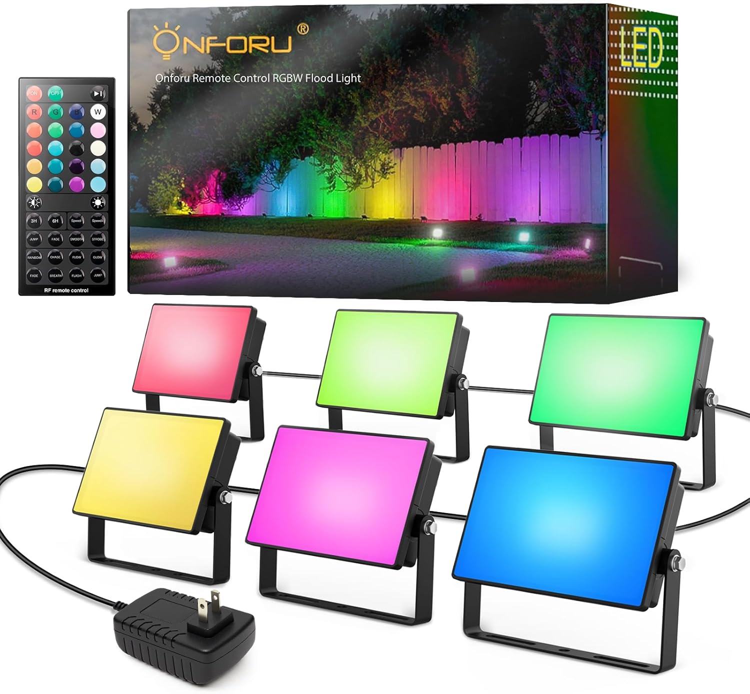 Onforu RGBW Flood Lights Outdoor Remote Control, Color Changing LED Landscape Lights, IP65 Waterproof Uplights for Events, Uplighting for Halloween Christmas Garden Yard Party, Wired 6 Pack 60W