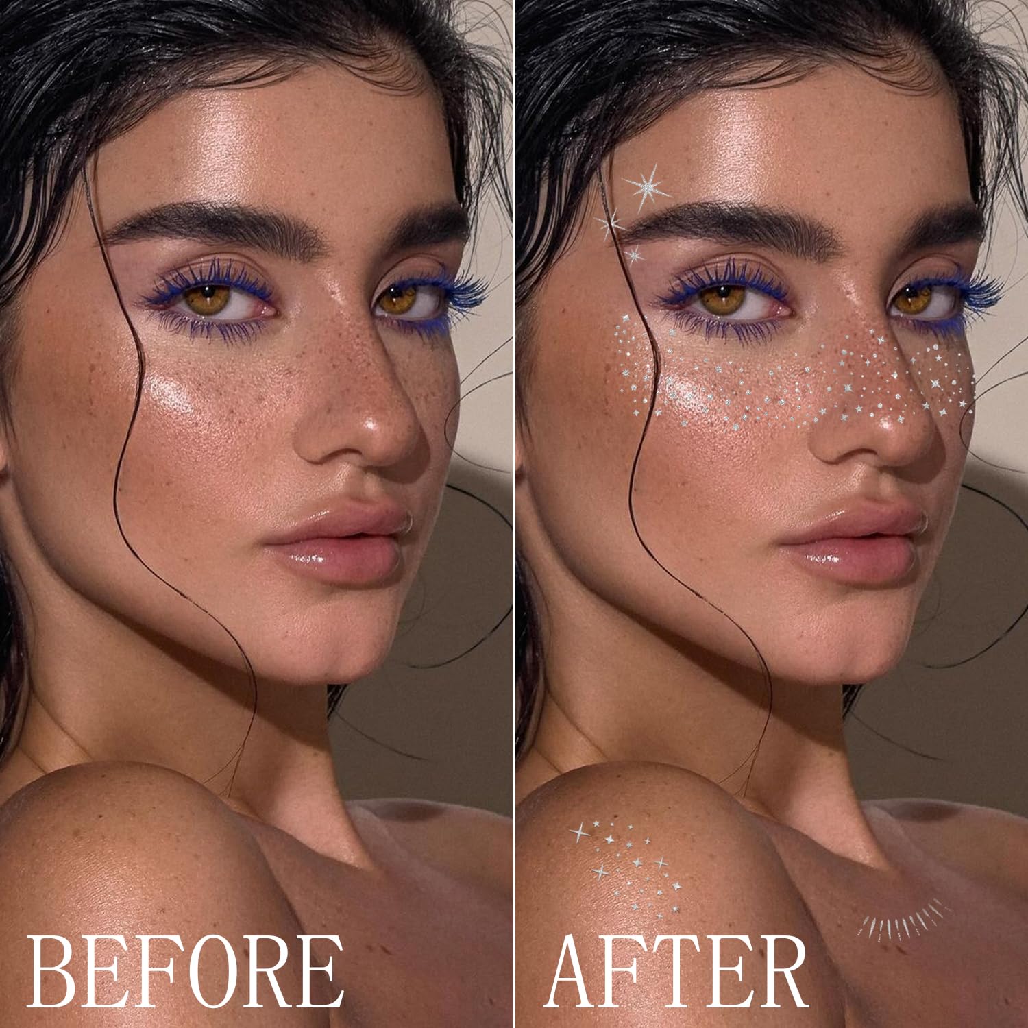 20PCS Glitter Freckles, Glitter Freckles Face Tattoo, Sparkle Freckles for Women and Kids, Cute Star Waterproof Silver Temporary Face Tattoos Glitter Glow Up Patches Makeup Patches (Silver) - Image 3