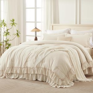 Andency Beige Full Size Comforter Set, 3 Pieces Farmhouse Shabby Chic Ruffle Comforter, Soft Lightweight Fluffy All Season Microfiber Bedding Comforter Set for Kids, Girls, Women