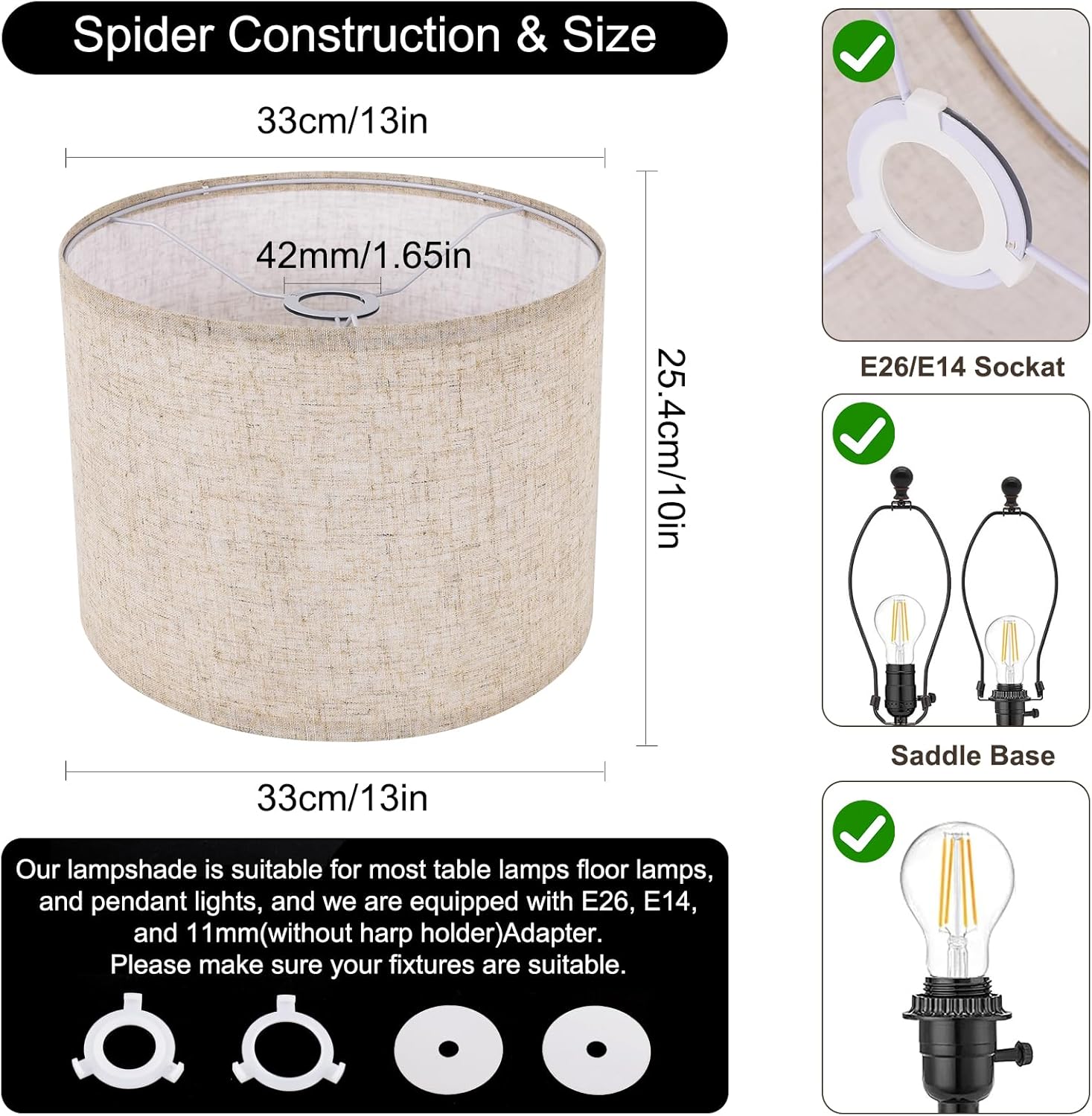 Large Lamp Shades Set of 2, Beige Drum Lampshades 13''Top X 13'' Bottom X 10'' High, Replacement Lamp Shades Natural Linen Hand Crafted for Table Lamps Floor Lamps Chandelier, Assembly Required - Image 4