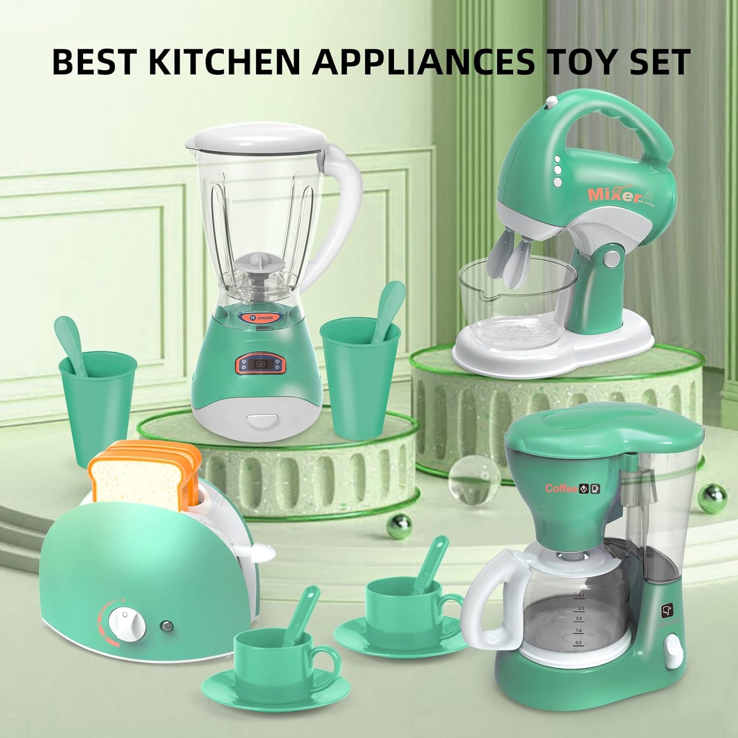 Play Kitchen Toys, Pretend Play Kitchen Appliances Toy Set with Coffee Maker, Mixer, Toaster with Realistic Lights& Sounds, Birthday Gift for Kids Ages 3-5 4-6 6-8 (Green) - Image 7