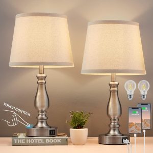 Lamps for Bedrooms Set of 2, Brushed Nickel Bedside Lamps with USB C+A Ports, 3 Way Dimmable Nightstand Lamps with Fabric Lampshade, Touch Table Lamp for Living Room Bedroom Office, Bulbs Included