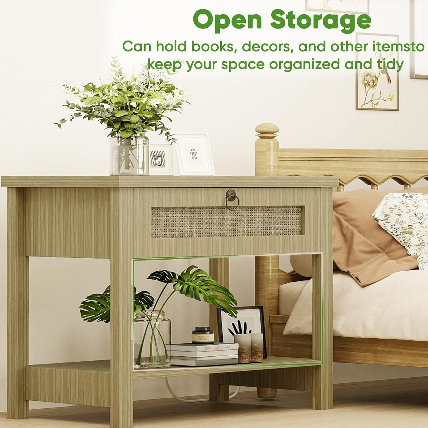 Rattan Large Nightstand with Charging Station, Boho Bedside Table End Table with Drawer and Storage Shelf, Wood End Table Night Stand for Bedroom - Image 4