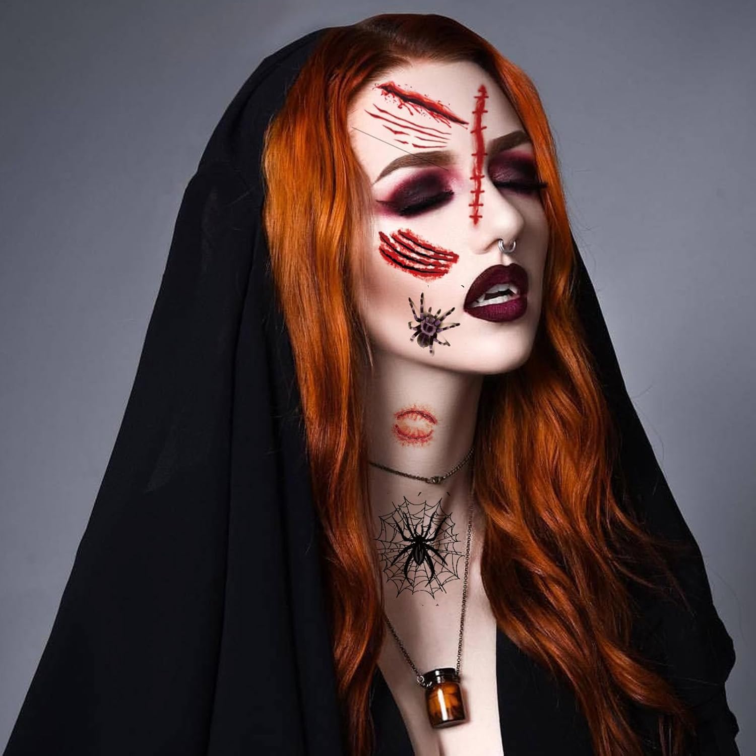 40 Sheets 3D Spider Web&Fake Scar Temporary Tattoos Halloween Makeup Kit, Witch Zombie Realistic Fake Bat Face Tattoos Stickers For Women Adults Kids Men (Halloween) - Image 2