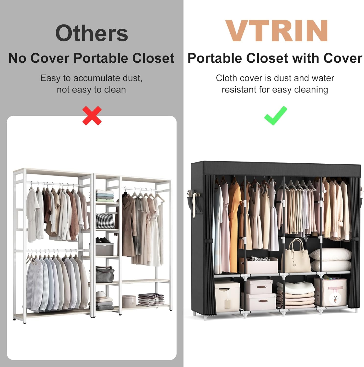 VTRIN Portable Closet for Hanging Clothes 67 Inch Wide Large Capacity Portable Wardrobe Closet with Cover, 4 Storage Shelves and 4 Hanging Rod Sturdy Free Standing Closet for Bedroom, Black - Image 7