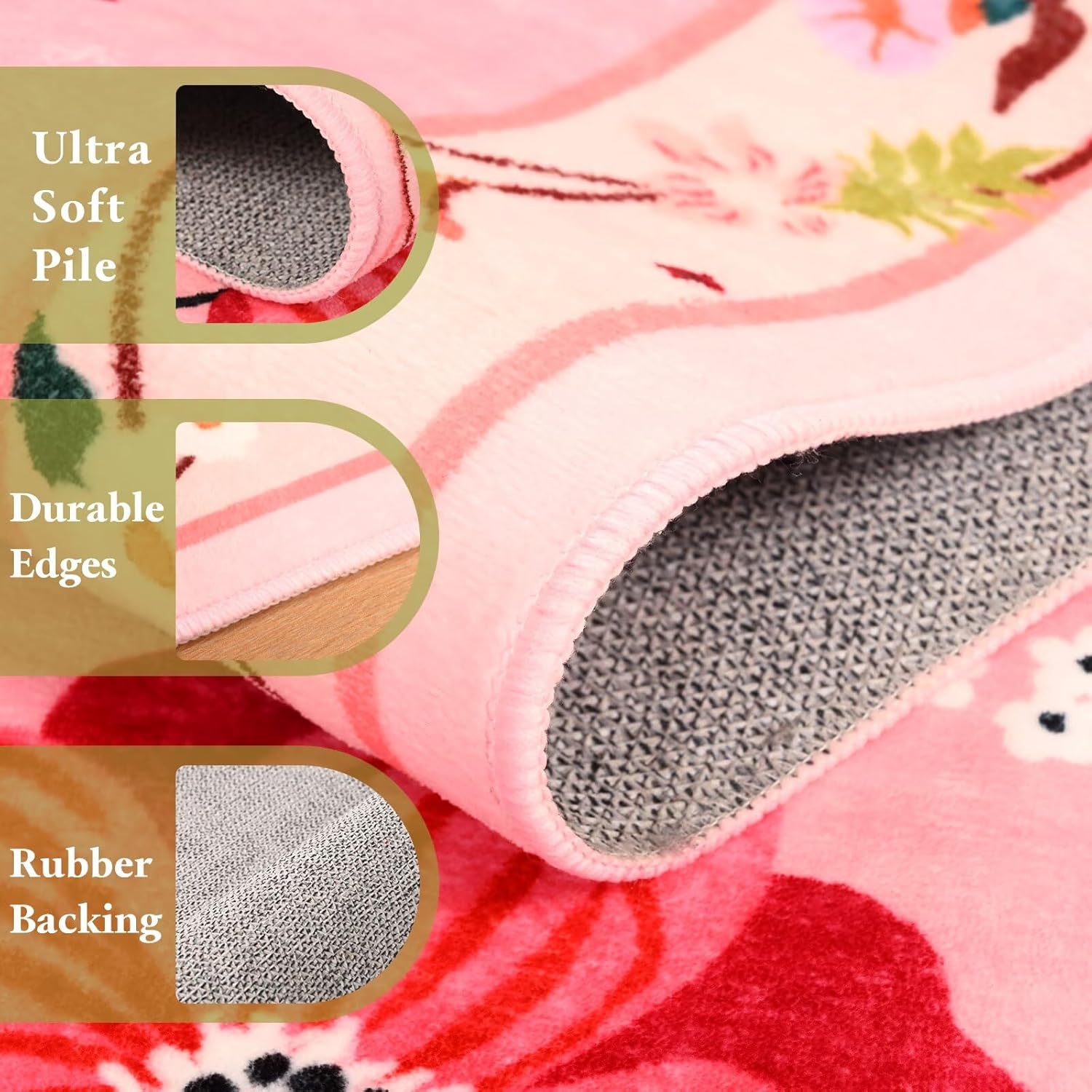 5x7 Pink Floral Rug for Living Room, Machine Washable Area Rugs with Non Slip Backingfor Girls Bedroom, Cute Flowers Carpet Kitchen Dining Room Kids Playroom Decor - Image 5