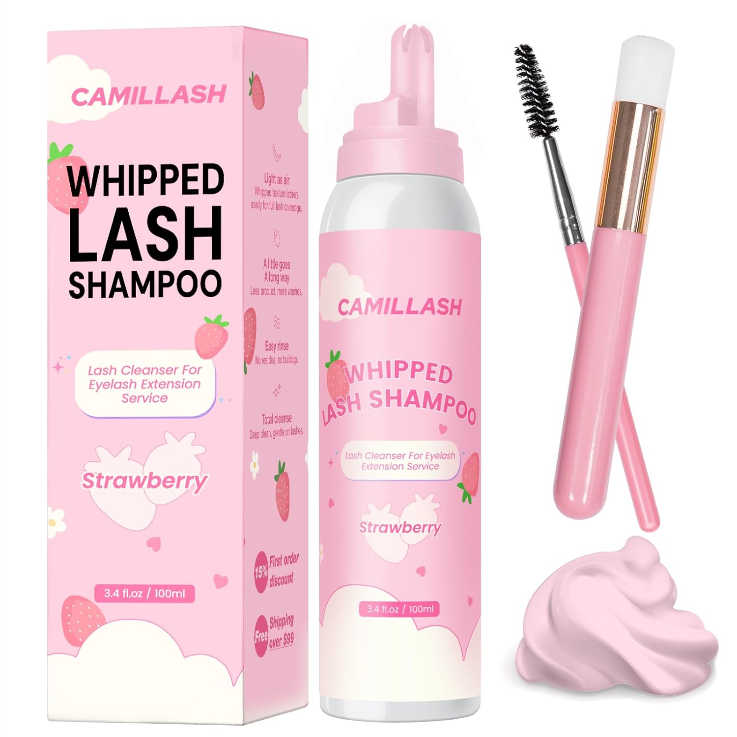Whipped Lash Cream Shampoo Foam Cleanser | Eyelash Extension Cleaning Bath Kit | Salon & Home Use 100ml Strawberry Pink