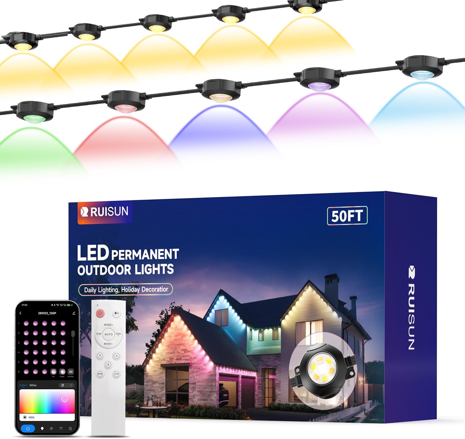 Permanent Outdoor Lights for House, 50FT with 30 RGBCW LEDs for Christmas, Daily and Holiday Lighting, Eave Lights for Outdoor Decorations, IP67 Waterproof, Works with Alexa, Google Assistant, Black