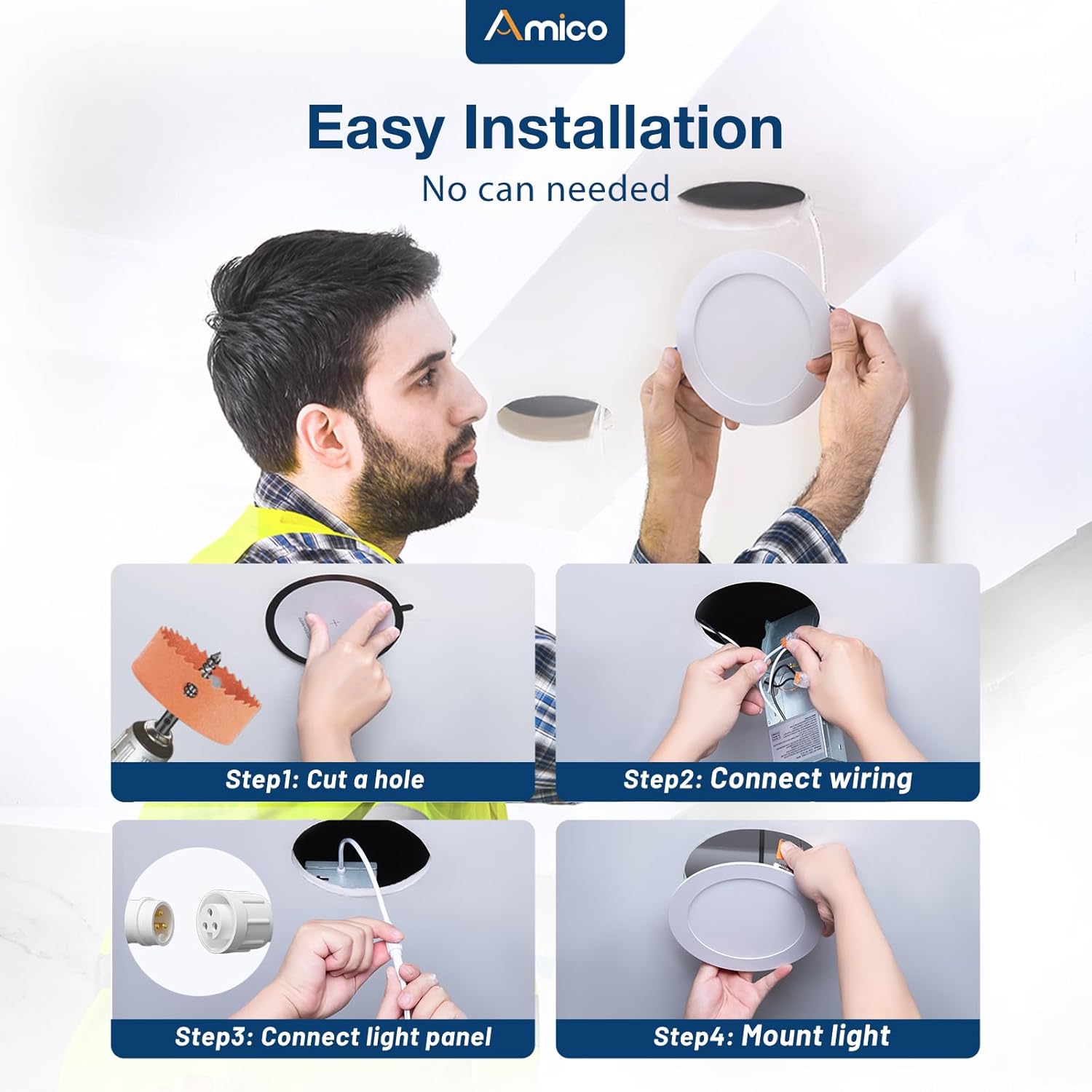 Amico 12 Pack 6 Inch 5CCT Ultra-Thin LED Recessed Ceiling Light with J-Box, 2700K/3000K/3500K/4000K/5000K Selectable, 12W=110W, Dimmable Canless Downlight, 1050LM High Brightness - Image 4