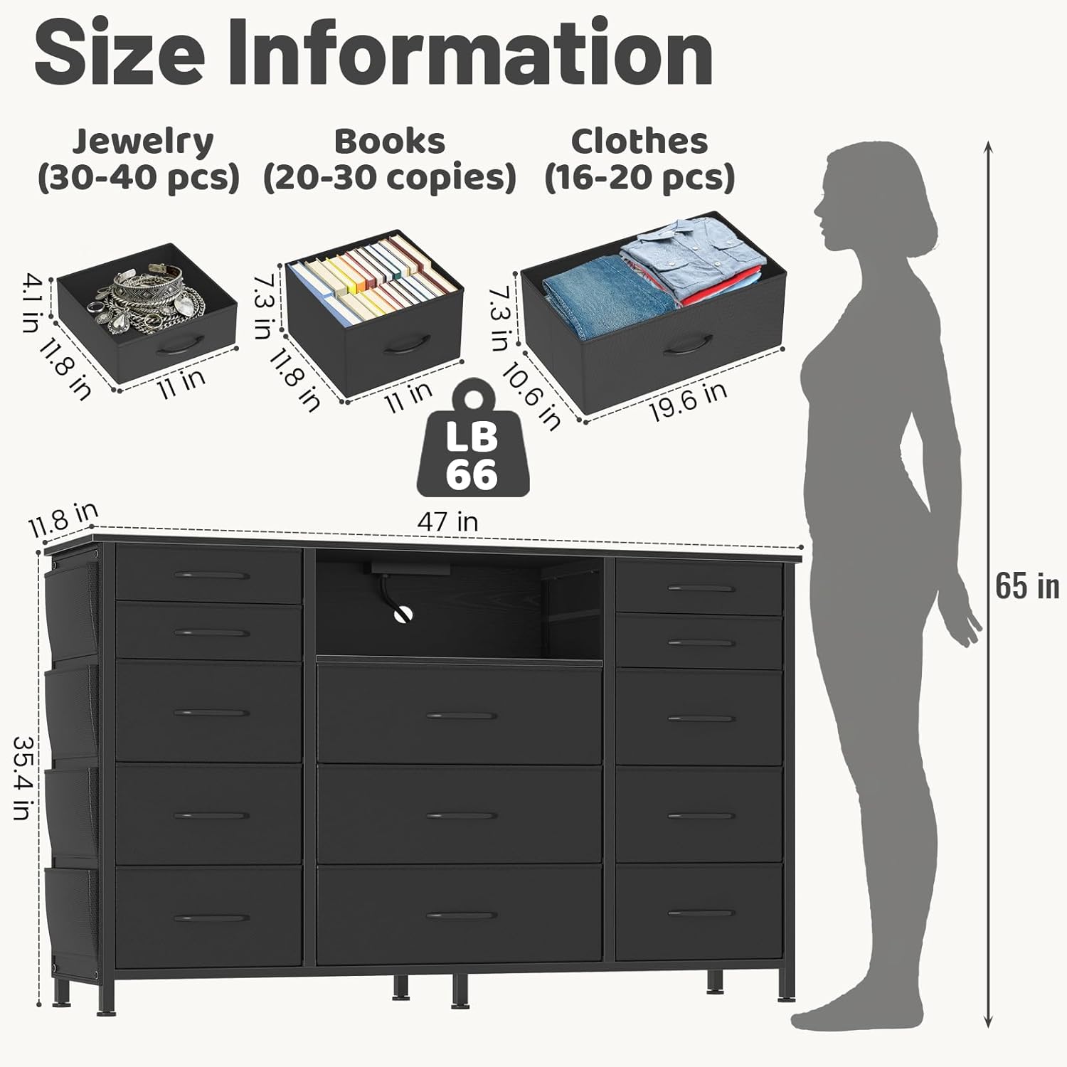 HCHQHS 47 Inch Dresser for Bedroom with 13 Drawers,Side Pockets Hooks and Lights with Remote Control,Hallway,Closet,Kitchen,Large TV Stand (Black) - Image 2